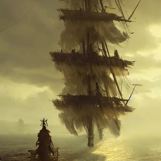 Image similar to detailed pirate ship made out of feathers by greg rutkowski, enigmatic atmosphere, beautiful and cinematic lighting, artstation hq.