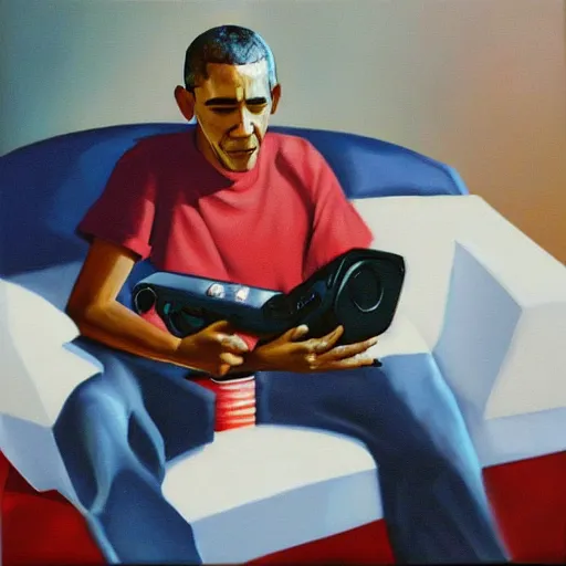 Prompt: oil on canvas, Barack Obama playing Super Smash Bros. Melee on Gamecube