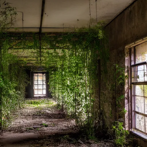 Prompt: a liminal dim passageway in an abandoned school filled with wild growing plants