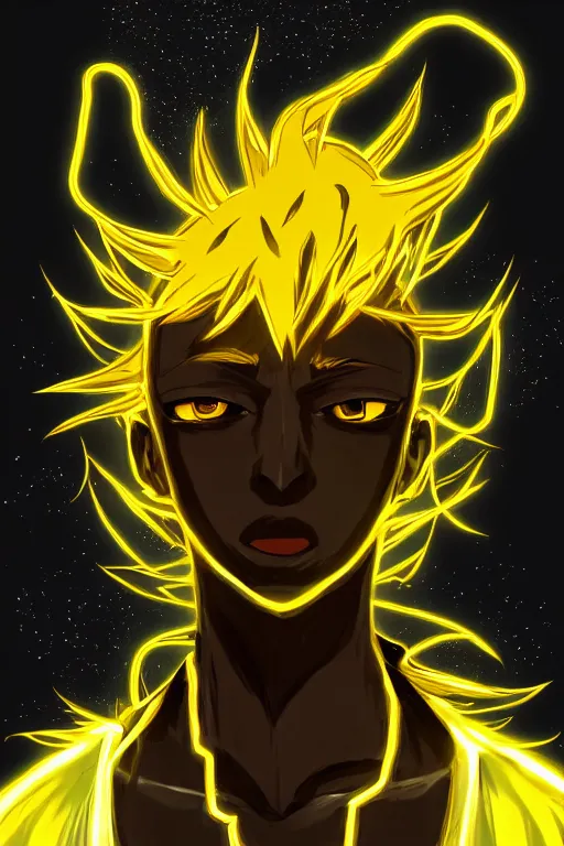 Image similar to glowing black male anime character, golden hair, yellow eyes, symmetrical, highly detailed, digital art, sharp focus, trending on art station, crazy hair, electricity everywhere, anime art style