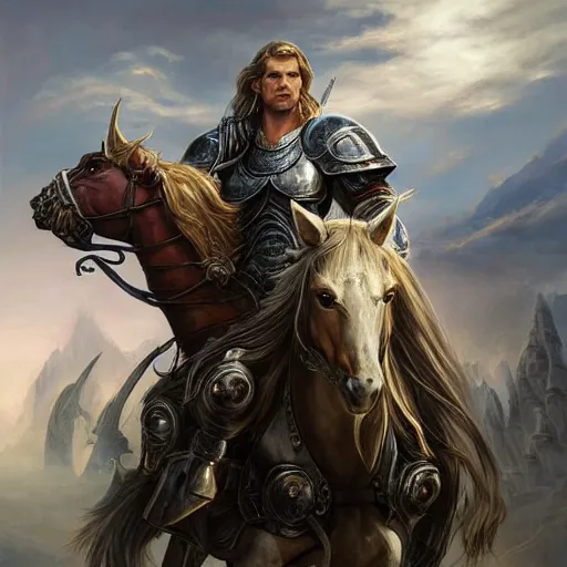 Image similar to portrait, handsome long - haired male fantasy paladin in shining armor on an armored horse, blond, rpg game, stern expression, main character, detailed, digital painting, artstation, sharp focus, illustration, artgerm, tomasz alen kopera, peter mohrbacher, donato giancola, joseph christian leyendecker, wlop, frank frazetta