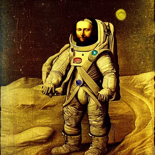 Image similar to self portrait of leonardo da vinci wearing a spacesuit on the moon