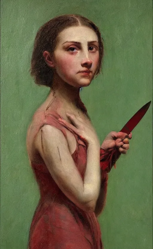 Image similar to by 1 9 th century famous painter, portrait, young woman, blood smear, blood dripping, knife, realism, realistic, oil painting, green wallpaper background