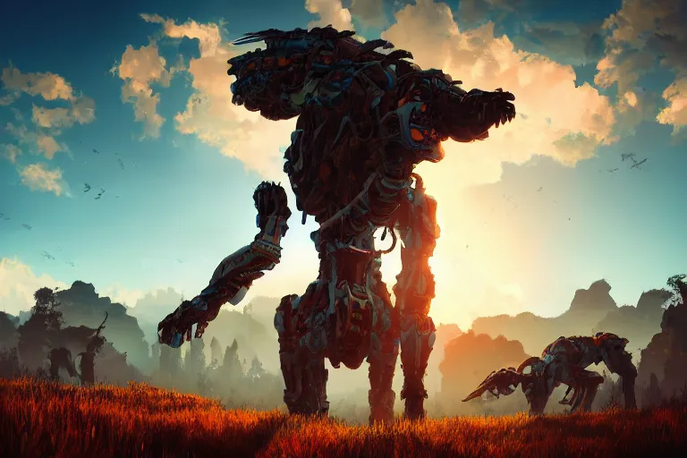 Image similar to tallneck machine creature robot of horizon forbidden west horizon zero dawn radiating a glowing aura global illumination ray tracing hdr fanart arstation by ian pesty and alena aenami artworks in 4 k