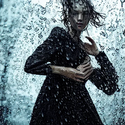 Image similar to close up of face of a wet fashion model in luxury dress, heavy rain, dramatic lighting, official dior editorial, highly detailed