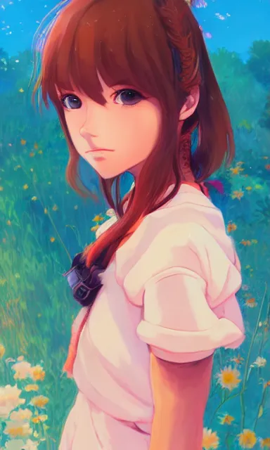 Image similar to a colorful scene of a girl with brown hair, anime, detailed background, female, portrait, trending on artstation, by studio ghibli and rossdraws