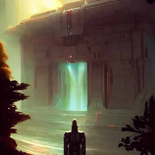 Image similar to an sci - fi glowing peaceful temple by greg rutkowski and ross tran