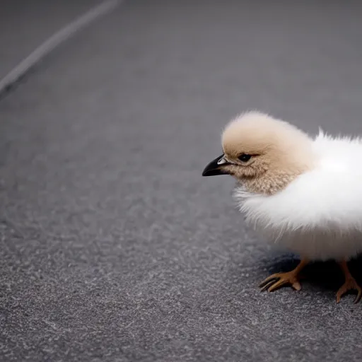 Prompt: fluffy chick looking at the camera, on a skateboard with the nose up, on floor with tiles, photorealistic