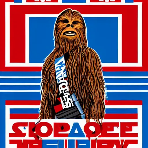 Image similar to chewbacca presidential election poster showing close up of chewbacca face red and blue duotone by sheperd fairey no text