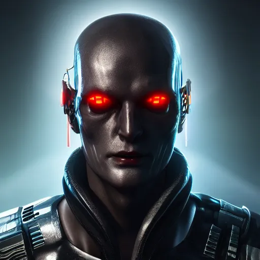 Image similar to evil cyberpunk dark lord, highly detailed, photorealistic portrait, bright studio setting, studio lighting, crisp quality and light reflections, unreal engine 5 quality render