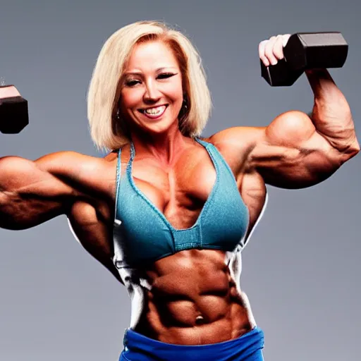 Prompt: female body builder with unrealistically big muscles in a bodybuilding pose
