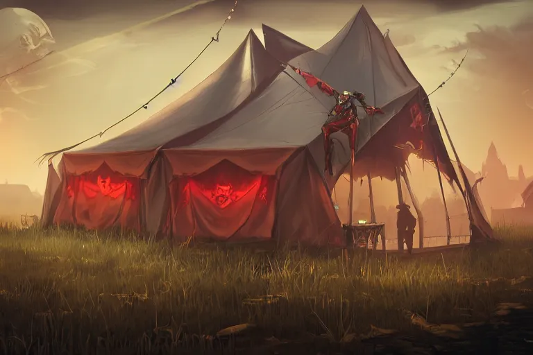 Image similar to digital illustration of a dark fantasy gothic circus tent, artstaton, League of Legends, red dead redemption2, overwatch