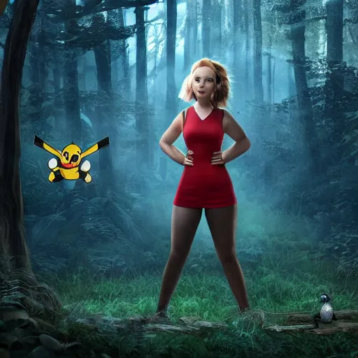 Image similar to jennifer lawrence as a pokemon trainer, in a dark forest, extremely detailed digital art, trending on artstation hyper realistic matte painting