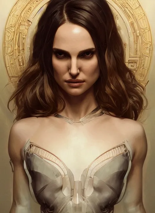 Image similar to symmetry!! natalie portman, machine parts embedded into face, intricate, elegant, highly detailed, digital painting, artstation, concept art, smooth, sharp focus, illustration, art by artgerm and greg rutkowski and alphonse mucha, 8 k