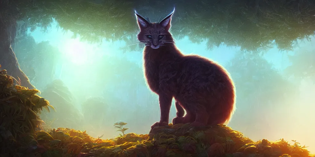 Prompt: indistinct glowing cute fluffy caracal, jungle landscape, broken down grey wall, alena aenami, petros afshar, noah bradley, anton fadeev, anato finnstark, steve henderson, filip hodas, mark keathley, thomas kinkade, phil koch, gilbert williams, mike winkelmann, beeple