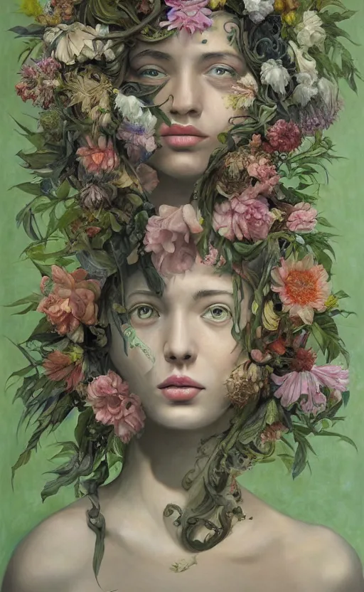 Prompt: a painting of a young woman with a head made of flowers, a surrealist painting by Marco Mazzoni and Dorothea Tanning cgsociety, neo-figurative, detailed painting, rococo, oil on canvas, seapunk, lovecraftian