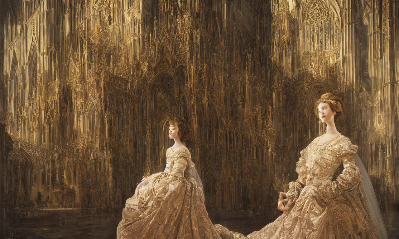 Prompt: breathtaking detailed painting of a young bride, christian saint, a long flowing dress, on a sunlit plaza with a cathedral in the center, rule of thirds, ornate background, by Rembrandt, Hsiao-Ron Cheng, Rebecca guay, night lighting, 8K