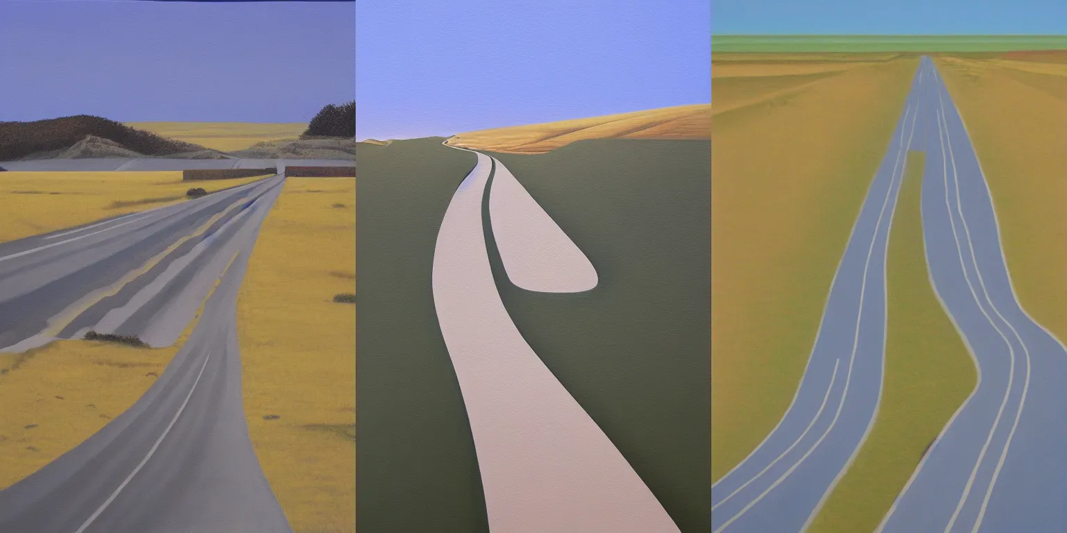 Prompt: The longest road in history, Precisionism, gouache on Canvas