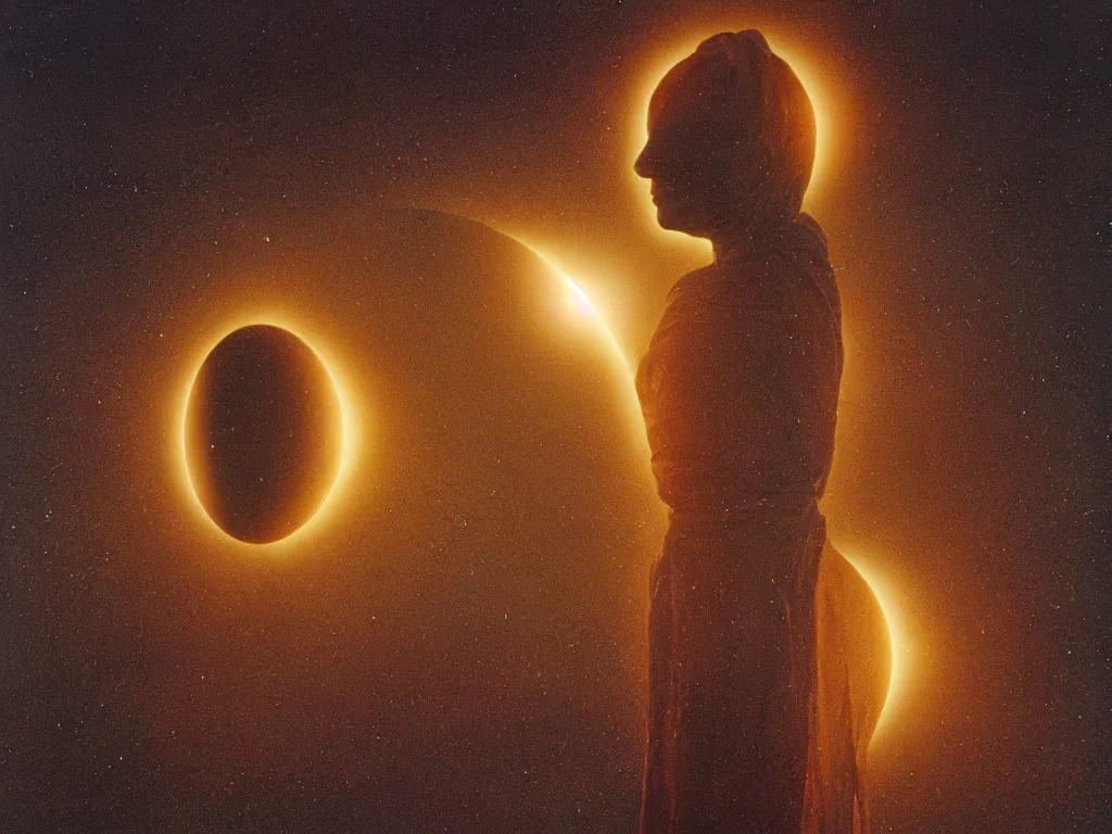 Image similar to glowing bene gesserit in full - face golden glowing mask in a black rocky desert landscape with a giant solar eclipse in the sky by christopher doyle and alejandro jodorowsky, anamorphic lens, kodakchrome, cinematic composition, very detailed photo, 8 k,