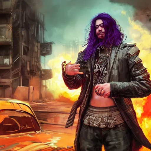 Image similar to portrait painting of a street samurai with long purple hair riding a motorcycle through a burning cyberpunk slum, glitchwave, ultra realistic, concept art, intricate details, eerie, highly detailed, photorealistic, octane render, 8 k, unreal engine. art by artgerm and greg rutkowski and nivanh chanthara