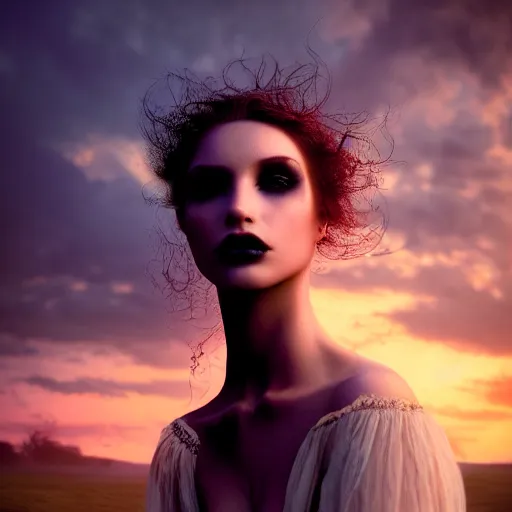 Image similar to photographic portrait of a stunningly beautiful gothic female in soft dreamy light at sunset, contemporary fashion shoot, by edward robert hughes, annie leibovitz and steve mccurry, david lazar, jimmy nelsson, breathtaking, 8 k resolution, extremely detailed, beautiful, establishing shot, artistic, hyperrealistic, beautiful face, octane render