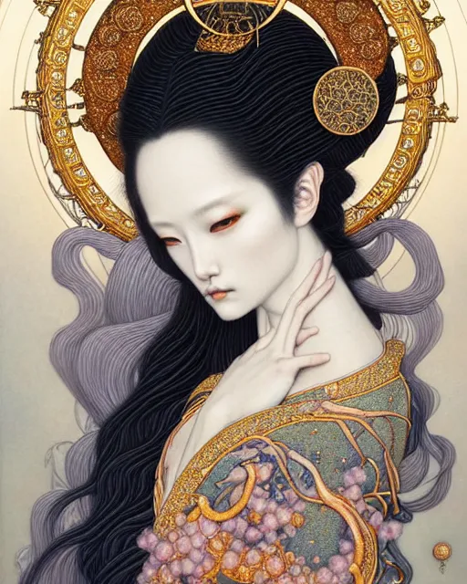 Prompt: portrait of a beautiful celestial goddess, unusual beauty, esoteric, muted colors, head in focus, fantasy art, ornamental aesthetics intricate, elegant, highly detailed, hyperrealistic painting, artstation, concept art, painterly, sharp focus, illustration, art by chie yoshii