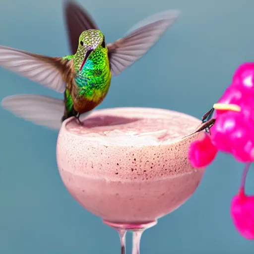 Image similar to photograph, a hummingbird drinking a milkshake from a straw, cherry on top