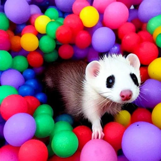 Image similar to ferret with clown makeup, in a ball pit