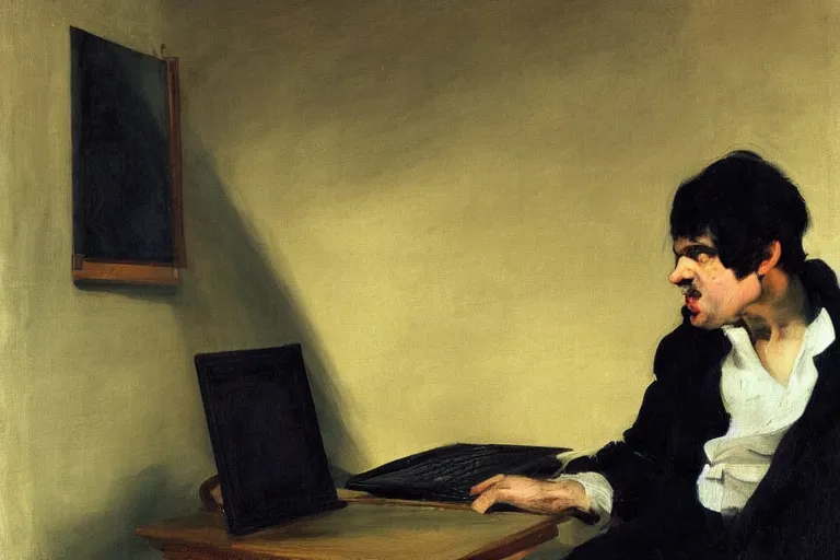 Prompt: a painting of an angry man slamming his hands on his laptop, a portrait by francisco jose de goya, pexels, classical realism, studio portrait, dutch golden age, ilya kuvshinov