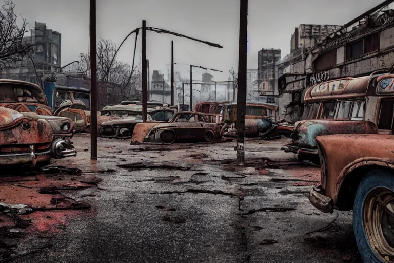 Prompt: low wide angle shot of dilapidated fallout 5, desolate, dilapidated neon signs, few rusted retro futuristic vintage parked vehicles like cars, ( ( ( buses, trucks, trams ) ) ), volumetric lighting, photorealistic, foggy, rain daytime, autumn, overcast weather, sharp focus, ultra detailed, 4 0 0 0 k