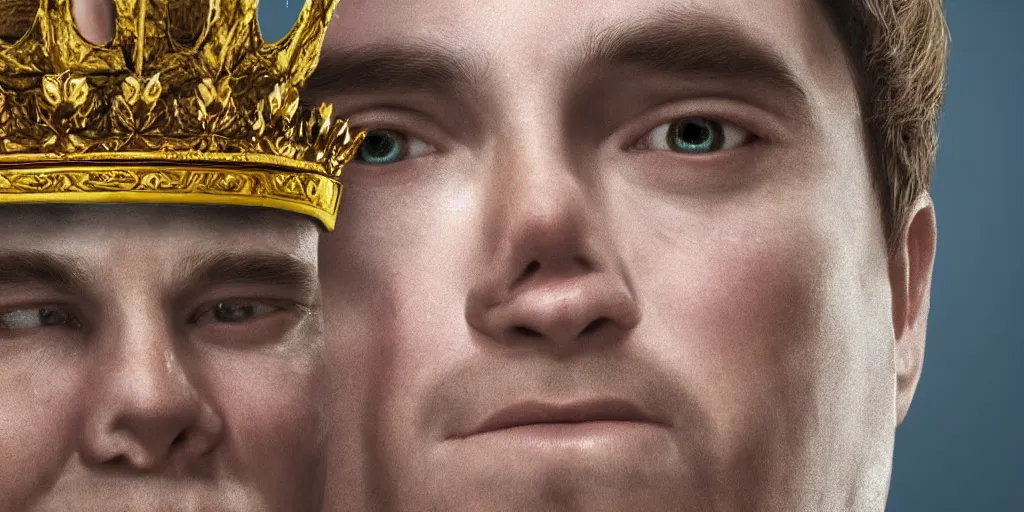 Image similar to realistic portrait of the future king with golden crowns and pretty eyes, ultra realistic, 8k