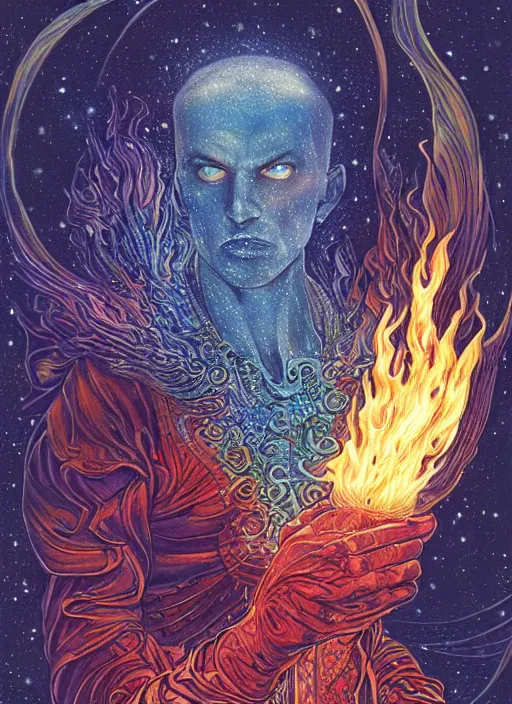 Image similar to high intricate colored ink drawing of the sandman holding a glimmering fire - galaxy, full shot, neil gaiman, maria panfilova, andrea savchenko, mike kime, ludovic plouffe, qi sheng luo, oliver cook, julian calle, eddie mendoza, trending on artstation