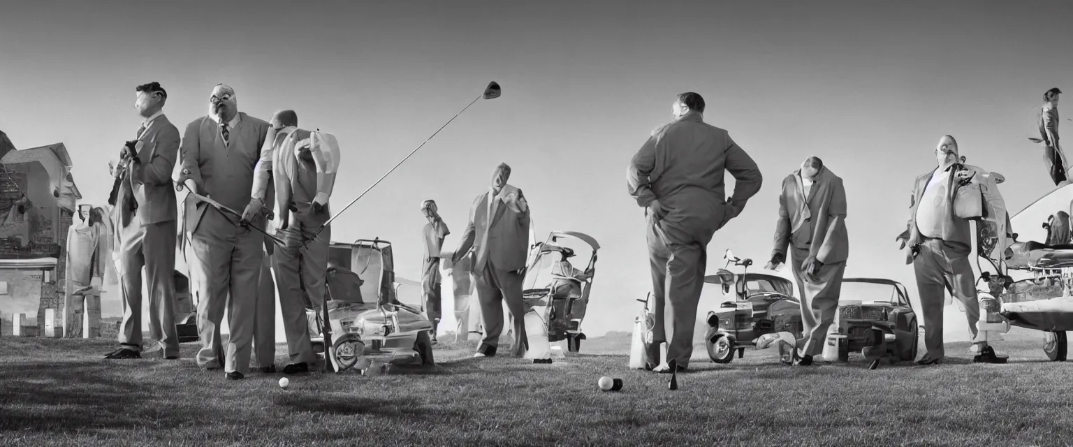 Prompt: detailed sharp photograph in the style of popular science circa 1 9 5 5 and gregory crewdson of overweight men in suits playing golf