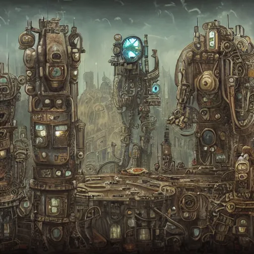 Image similar to robot city, steampunk art, fantasy style, super high detail, super high quality, talented artist, trending on artstation, machinarium