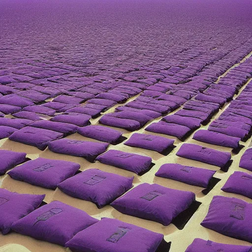 Prompt: a realitic photo of a thousand beds on the beach by Storm Thorgerson, purple color scheme