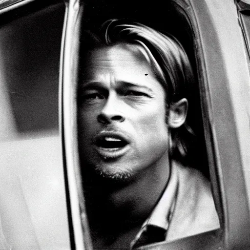 Prompt: car side window Brad Pitt yawning passenger, vintage closeup photograph