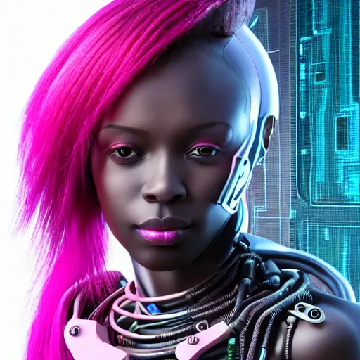 Prompt: portrait of a beautiful dark skinned woman with pink hair as a cyberpunk cyborg half robot, revealing wires and electronics, hooked - up, sci - fi, missing panels, intricate abstract upper body intricate artwork, concept art, octane render, deviantart, cinematic, key art, hyperrealism, iridescent accents, portrait photograph, nikon 3 5 mm, photograph by greg rutkowski