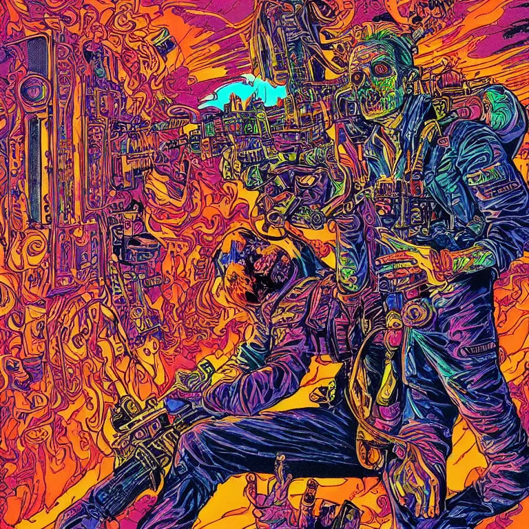 Prompt: beautiful colorful hyperrealist highly detailed psychedelic music poster'zombie ghostbuster ', psychedelic art nouveau, beautiful high contrast colored wood engraving, moebius comic style, shocking detail trending on artstation 8 k