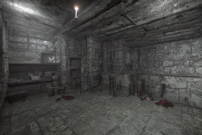 Image similar to inside a haunted dungeon, First person horror game, unreal engine