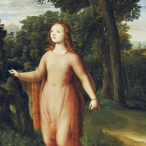 Image similar to a girl lost in a forest, castel in the background, renaissance