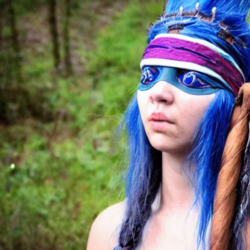 Image similar to A young female shaman, blue hair and antlers on her head. blindfolded, heilung, in the style of Heather