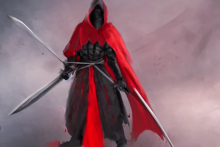 Prompt: a twin blade muscular swordsman, red and black cape and hoodie, scary, intimidating, worn out clothes, torn clothes, concept by James Paick