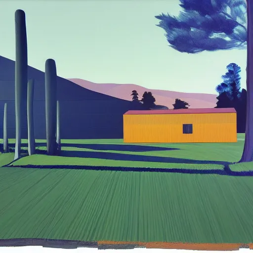 Image similar to dreaming futuristic rural landscape with modern houses, painted by Alex Katz and Edward Hopper, airbrush, highly detailed
