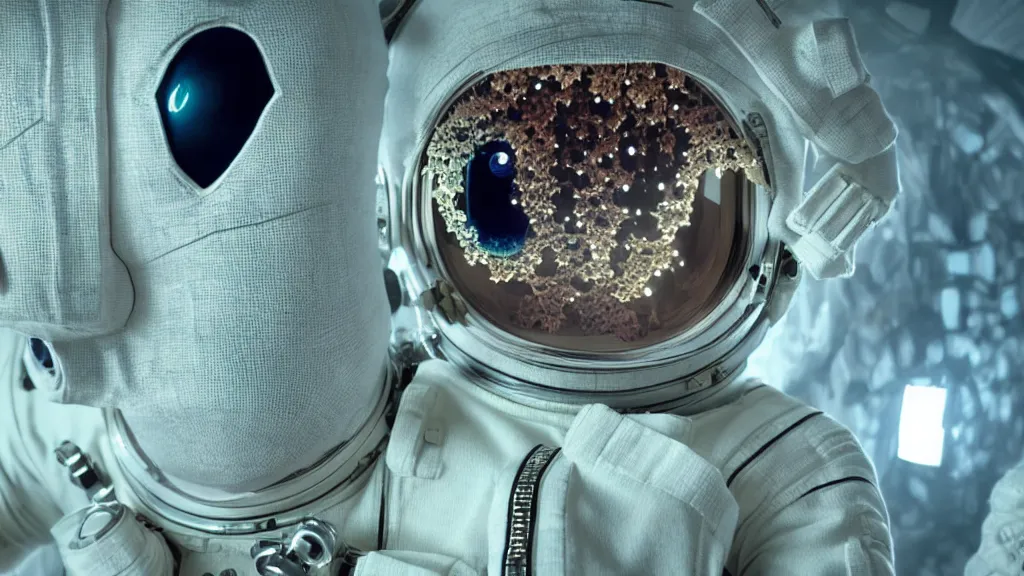 Image similar to a single astronaut eva suit interwoven with diamond 3d fractal lace iridescent bubble 3d skin and covered with insectoid compound eye camera lenses floats through the living room, film still from the movie directed by Denis Villeneuve with art direction by Salvador Dalí, wide lens,