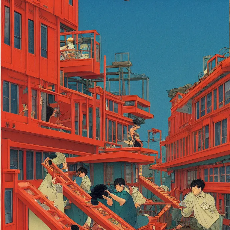 Image similar to workers exploited, living in hostels with bunk beds stacked on top of one another, by kawase hasui, moebius and edward hopper, vivid bright light, colorful flat surreal design, hd, 4 k, artstation