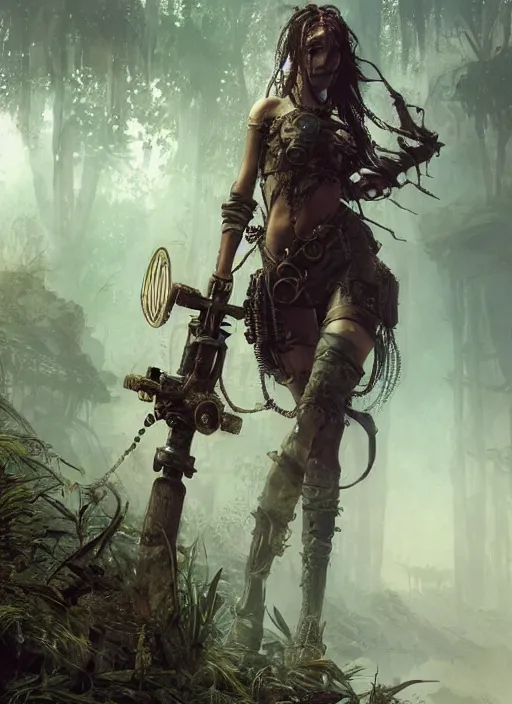 Image similar to cover illustration of a young very beautiful cute tribal woman with a steampunk gun, in a post apocalyptic city overgrown with lush vegetation, by Luis Royo, by Greg Rutkowski, dark, gritty, intricate, concept art, volumetric lighting, volumetric atmosphere, octane render, trending on artstation, 8k