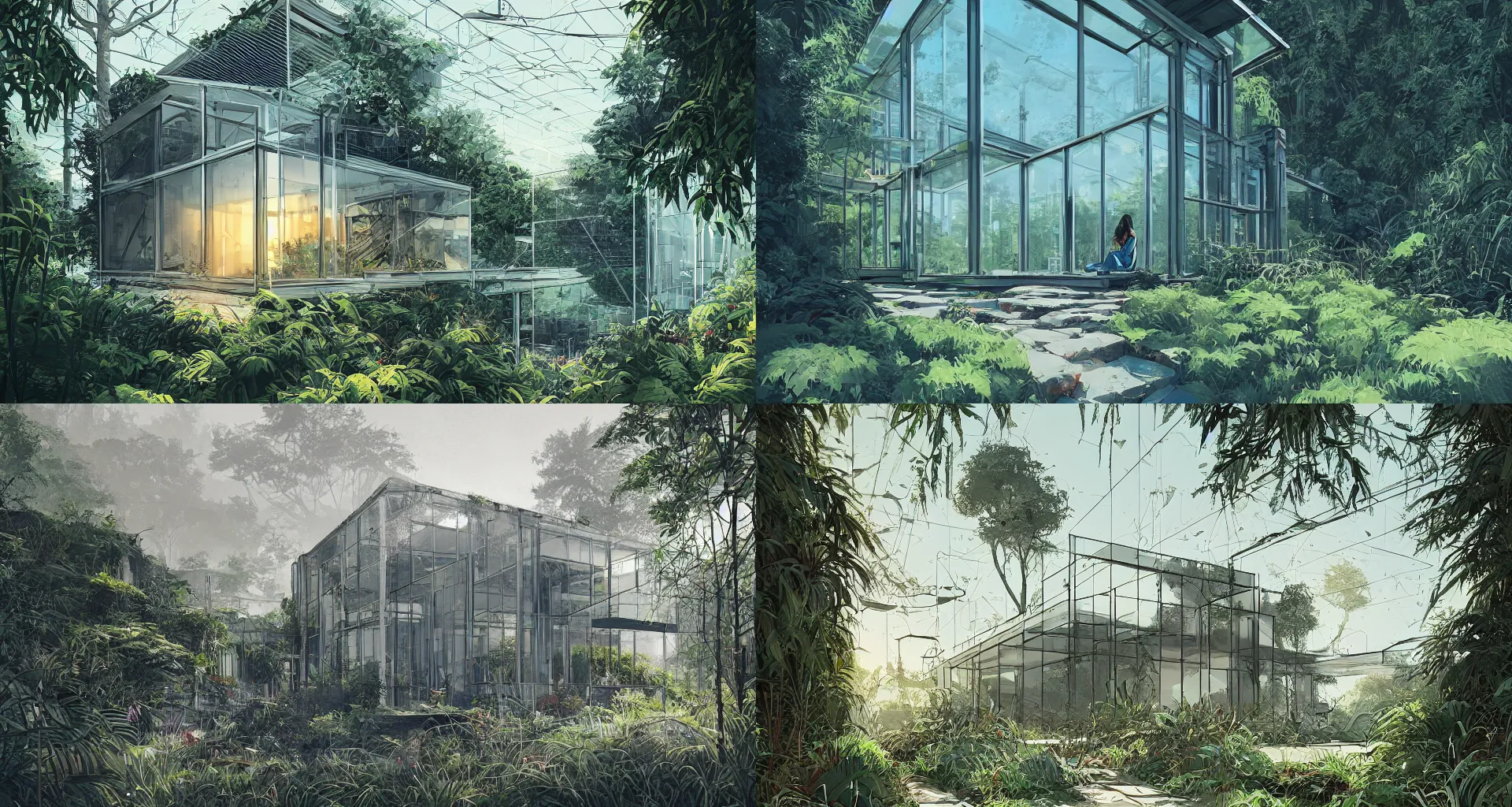 Prompt: a beautiful detailed architecture art of modern glass house connected with nature overgrown vegetation cinematic landscape by alena aenami, by atey ghailan, by greg tocchini, by james gilleard, by joe gb fenton, by kaethe butcher, dynamic lighting, vibrant, landscape, digital, detailed environment, clean, grunge aesthetic, artstation