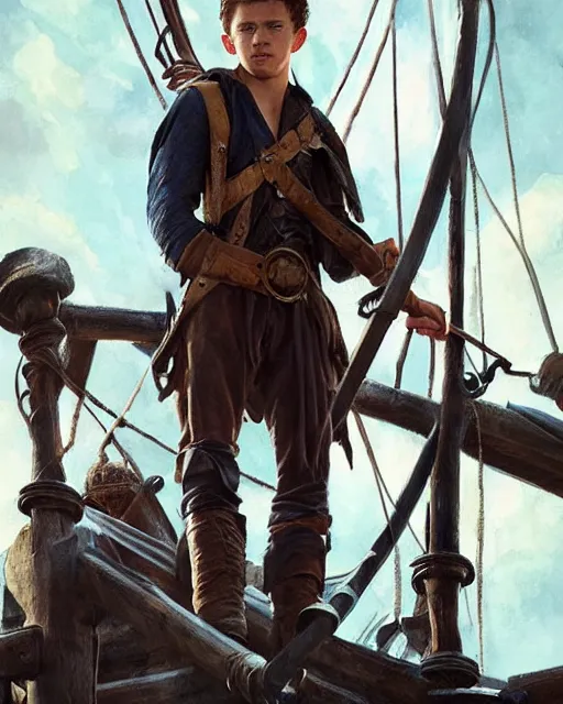 Prompt: tom holland as a pirate, standing on the mast, realistic shaded lighting poster by greg rutkowski, cinematic lighting, sharp focus, highly detailed attributes and atmosphere