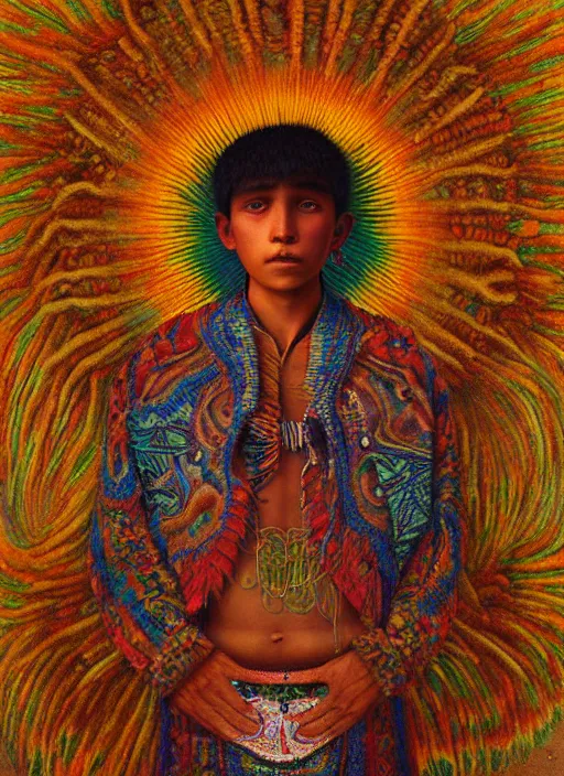 Image similar to portrait of a magical huichol boy in oaxaca mexico, by agostino arrivabene and tom bagshaw and manuel sanjulian