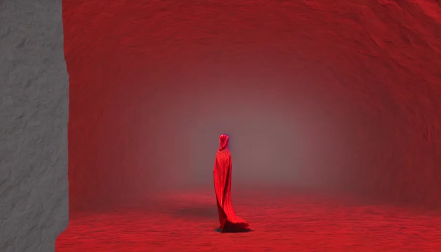 Prompt: a figure covered by red cloth that's blowing in the wind standing in a creepy tunnel with atmospheric light, digital art, concept art, cloth simulation with houdini, octane, redshift, 8 k